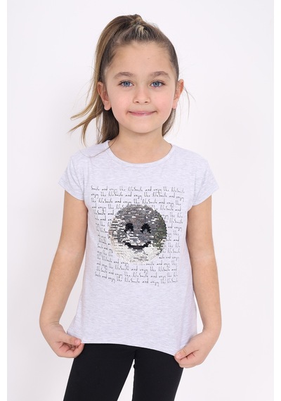 Toontoy Kids Toontoy Kız Çocuk Gülen Yüz Pullu Nakış Tişört Gri Melanj