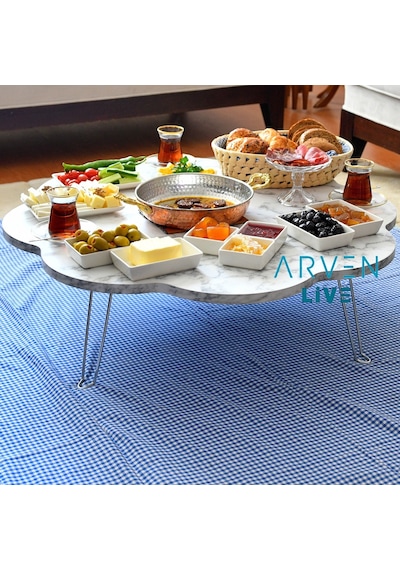 Arvenlive Sütlü Kahve Mermer Desenli Ahşap Katlanabilir Papatya Yer Sofrası
