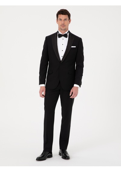Cacharel Siyah Slim Fit Yün Karışımlı Kırlangıç Yaka Smokin Damatlık