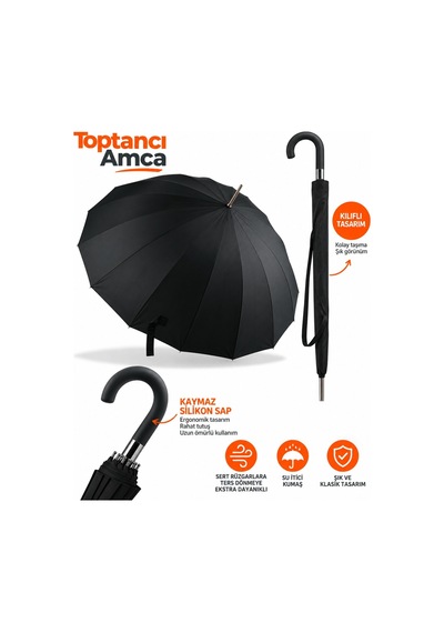 Toptancı Amca 16 Telli Süper Kaymaz Tutamaçlı Siyah Baston Kılıflı Şemsiye 100 Cm Çapında Ağır Değil Kadın Erkek Kullanır