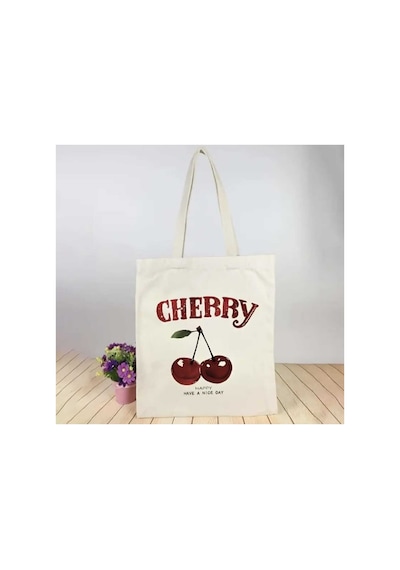 Cherry Baskılı Özel Tasarım 35x40 Cm Ham Bez Çanta %100 Pamuk
