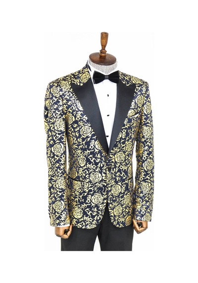 Wessi Gold Gül Desenli Slim Fit Lacivert Erkek Smokin Ceket Lacivert