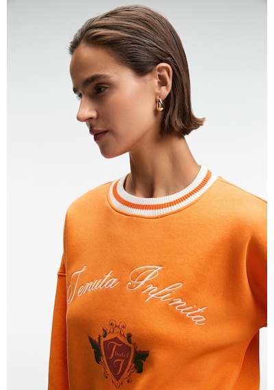 Grımelange VALLUNE Kadın Kontrast Triko Etek Ucu Manşet Ve Yakalı Nakış Crop Turuncu Sweatshirt