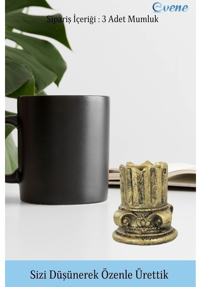 Eskitme Mumluk Şamdan 3 Adet Tealight Uyumlu Tarihi Sütun Model - Altın Eskitme