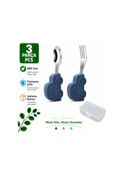 Gri Çocuk Bpa Free Silikon Saplı Paslanmaz Çelik Uçlu Çatal-kaşık, 9+ Ay