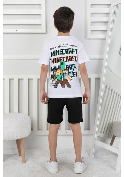 Minecraft Baskı Erkek Çocuk Şortlu Takım-90354 Siyah