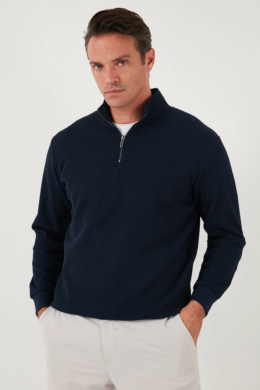 Buratti Pamuklu Regular Fit Yarım Fermuarlı Dik Yaka 2'Li Paket Erkek Sweat 5905716S2 Ekru-Koyu Lacivert