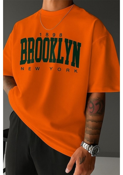 Brooklyn Baskılı Unisex Tshırt 3q2 Turuncu