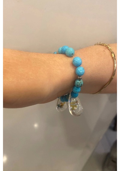 Doğal Taş Bileklik Hand Made El İşi Feng Shui Ejderha Yılı Koruyucu Hayvan Horoz Ve Ejderha Objeli Ve Doğal Turkuaz Taşlı Çok Renkli