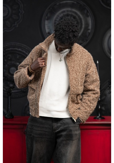 Akçaylar Oversize Crop Model Yan Cepli Astarlı Kırçıllı Mont Kahverengi