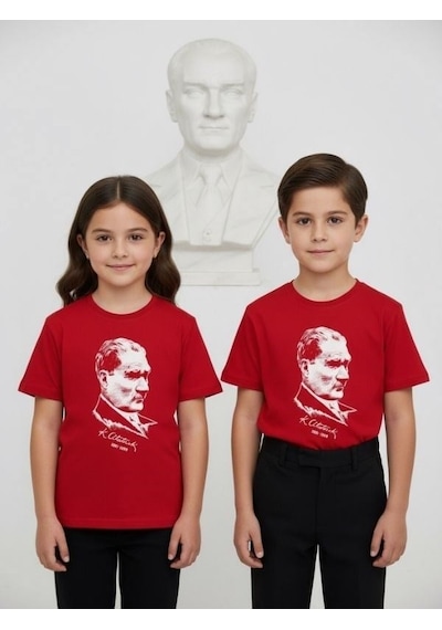 Zekids Çocuk Atatürk Baskılı Yarım Kollu T-shirt-17205 Kırmızı