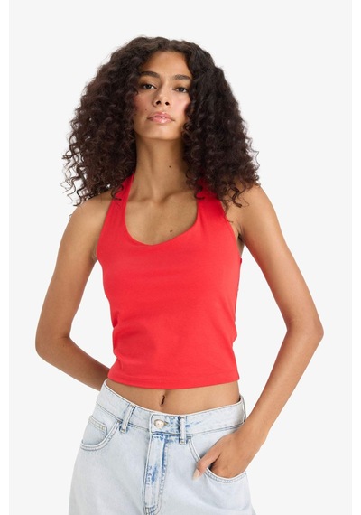 DeFacto Fit Dar Kesim Crop Halter Yaka Kırmızı Bluz F6279AX25SMRD51