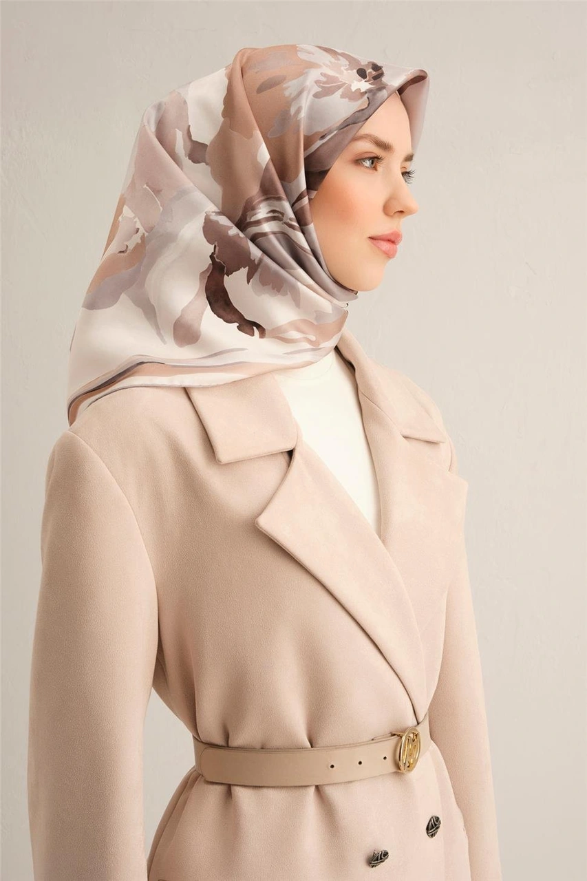 Armine Çiçek Desenli Saf İpek Twill Eşarp 9340d 86 BEj