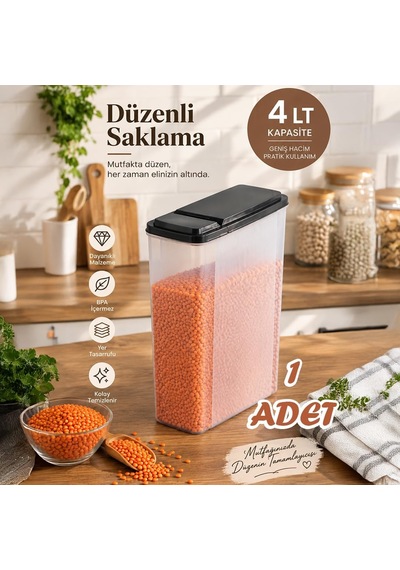 Ak-571 4 Lt Şeffaf Erzak Kabı Ölçü Çizgili, Pratik Açılır Siyah Kapaklı Kuru Gıda & Bakliyat Saklama Kabı Çok Renkli