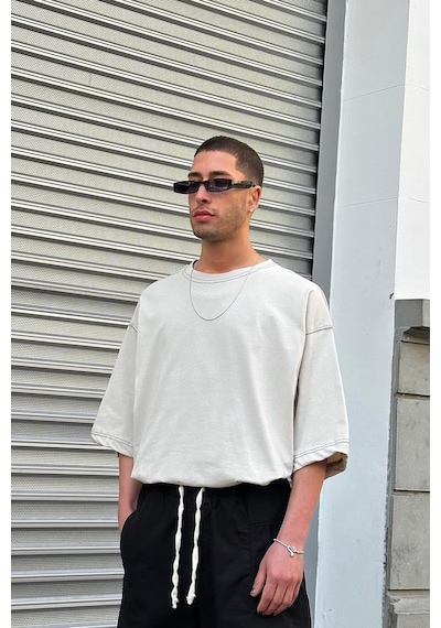 Krem Ters Dikiş Z9 Bs Boxy Fit Oversize Tişört Krem