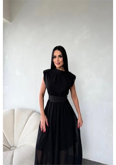 Neşeli Butik Kadın Kuşağı Taş Detaylı Midi Şifon Elbise Nbmy3509 Siyah