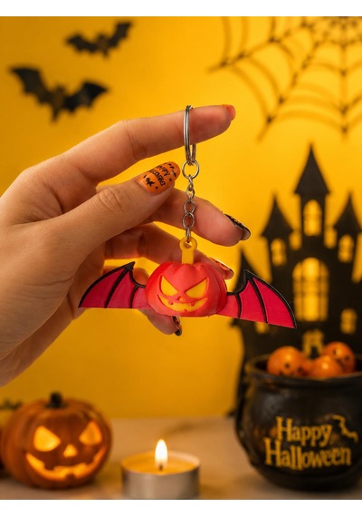 2'li Hareketli Balkabağı Yarasa Anahtarlık Halloween & Cadılar Bayramı Dekoratif Anahtarlık 3d Baskı Hediyelik Turuncu