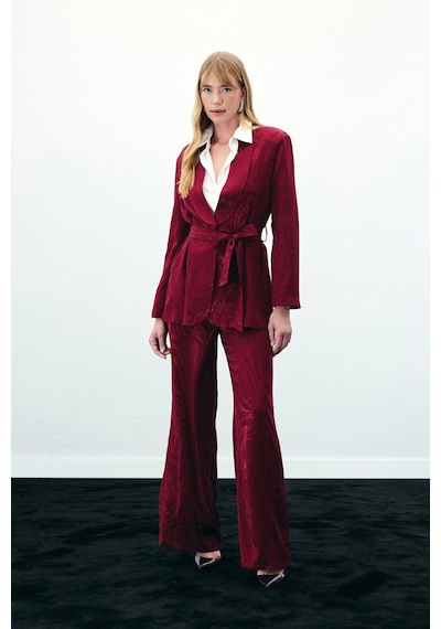 Sateen Kuşaklı Uzun Ceket - Bordo-136423 Bordo