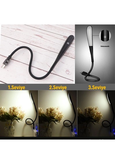 Dokunmatik Masa Ve Kitap Okuma Lambası Usb Girişli 14 Ledli 3 Kademeli Ledi Siyah .