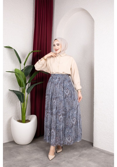 Hira Life Fashion Asimetrik Kesim Etnik Desen Astarlı Tül Tesettür Etek Gri Gri