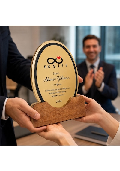 Logonuza Özel 5 Adet Mesajlı Büyük Royal Ahşap Plaket Altın Renk Metalli
