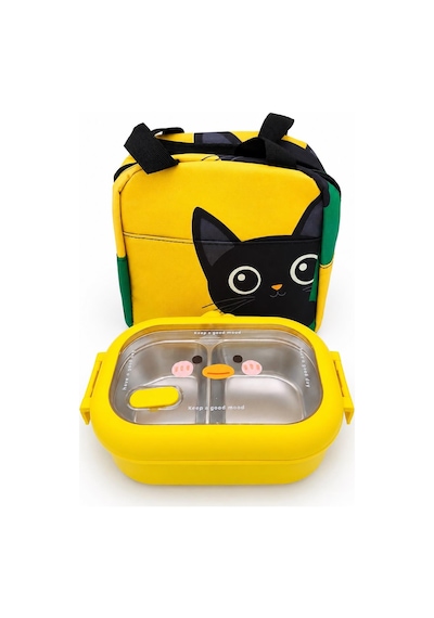 Valkyrie 304 Paslanmaz Çelik Çocuk Beslenme Kabı Kedili Termal Çantalı 2 Bölmeli Lunch Box Yemek Kabı Sarı