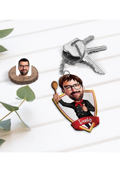 Kişiye Özel İsimli Erkek Master Chef Karikatürlü Ahşap Anahtarlık
