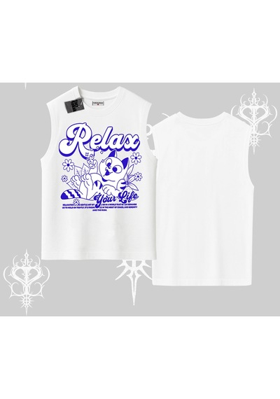 Tarzsokak Relax Kedi Baskılı Kolsuz Tshirt Beyaz
