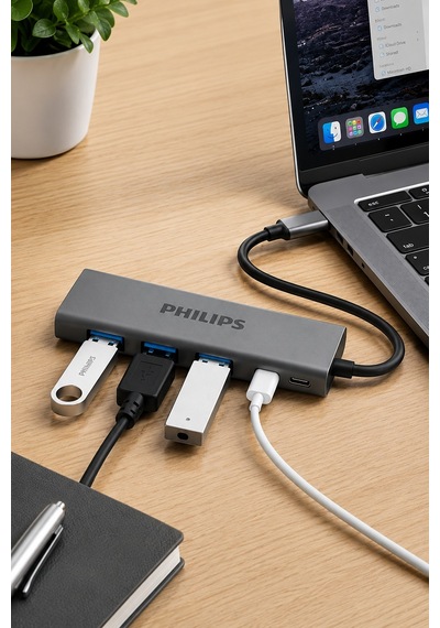 Philips SWR5041/00 USB-C 4'ü 1 Arada USB 3.0 Hub, 3x USB-A + 1x USB-C, 5Gbps Veri Aktarımı, Plastik Gövde