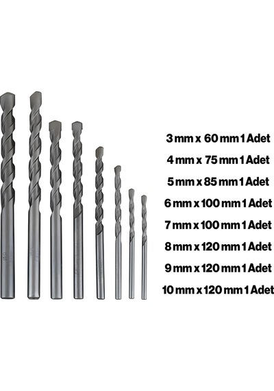 Beton Delme Matkap Ucu Set 8 'li Paket Betonarme Prekast Duvar Delme 3 4 5 6 7 8 9 10 Mm Çap
