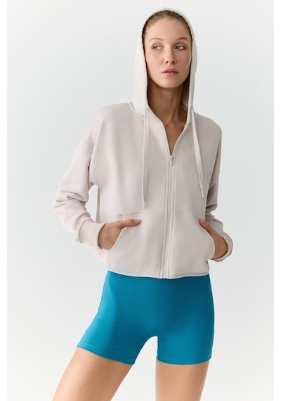 Urban Beat Charısma Kadın Kapüşonlu Relaxed Fermuarlı Baskı Detaylı Taş Rengi Sweatshirt Taş Rengi