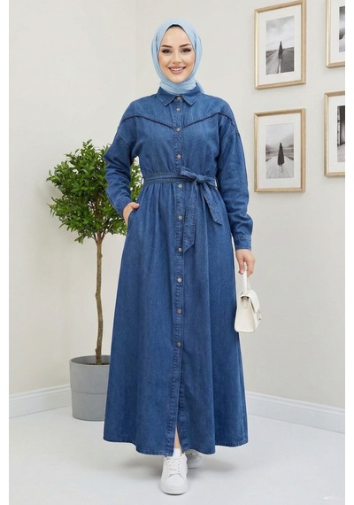 Hb Harma Time Butik Kadın Düğmeli Kuşaklı Koyu Kot Mavi Tesettür Elbise Koyu Mavi Hb Harma Time Butik Kadın Düğmeli Kuşaklı Koyu Kot Mavi Tesettür Elbise Koyu Mavi