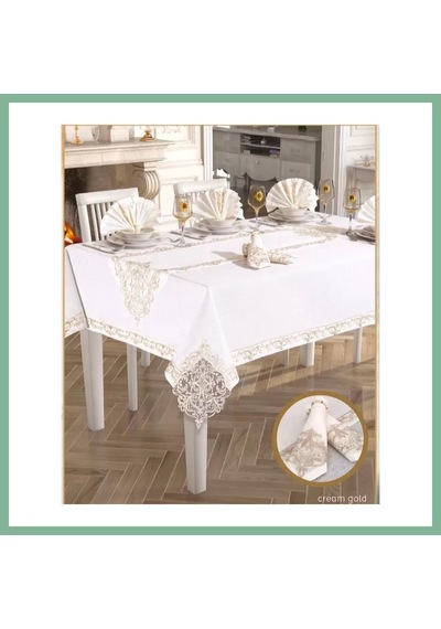 Bşk Virgo Elegant Linen 26 Parça 12 Kişilik Krem-gold 160 260 Cm Masa Takımı Bsk2026