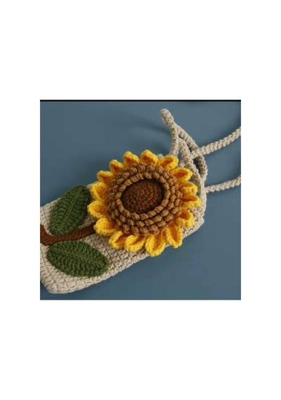 Melonndesign Ayçiçeği Motif Detaylı Handmade Örgü Telefon Çantası % 100 Cotton Trend Kadın El Çantası Sarı