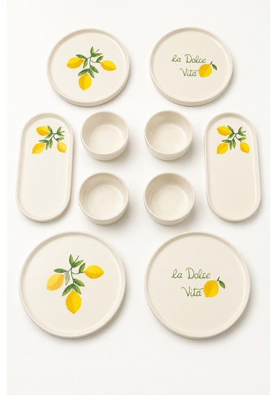 Amalfi 10 Parça 4 Kişilik Stackable Seramik Kahvaltı Takımı Limon Desenli Ayaklı Sunumluklu Sofra Seti Beyaz