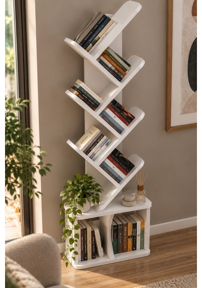 Sulorahome Yaprak Tasarımlı Beyaz Kitaplık 45x132 Cm Antrasit
