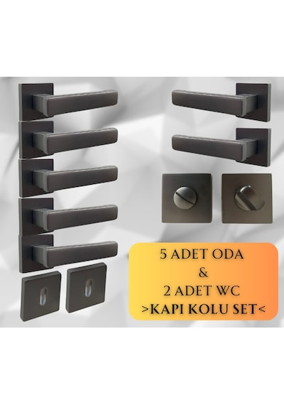 Lusso Antrasit 5 Adet Oda 2 Adet Wc Kare Rozetli Kapı Kolu Set - Lusso Ant 5+2