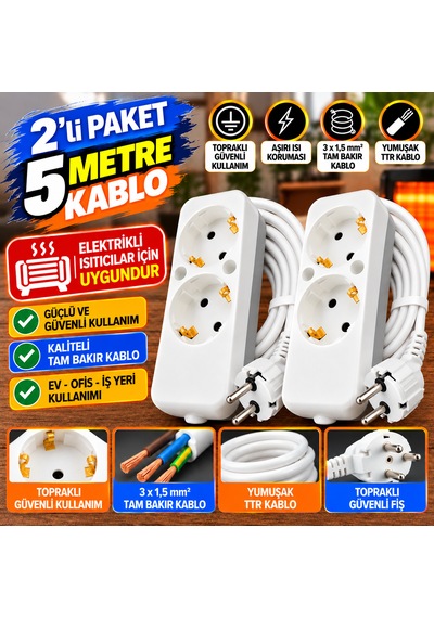 2'li Avantajlı Paket 5 Metre 2'li Topraklı Uzatma Priz 16a 3x1,5 Mm² Tam Bakır Ttr Kablo 5 M