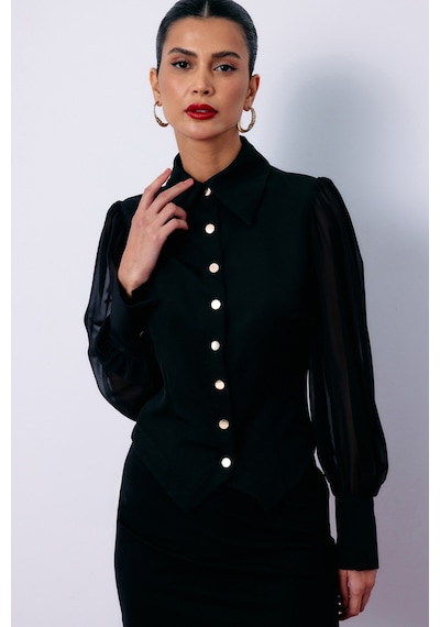 Sateen Şifon Kol Gömlek - Siyah-135200 Siyah