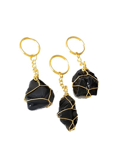 Sertifikalı Gold Siyah Obsidyen Taşı Anahtarlık - Tel Sargılı