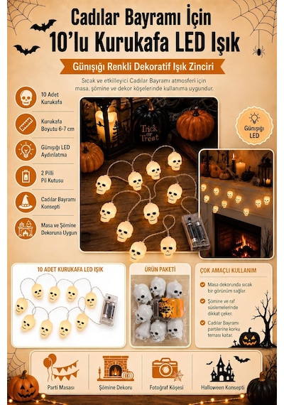 10'lu Kurukafa Led Işık Halloween Cadılar Bayramı Tavan Ve Dekor Süsü Renkli