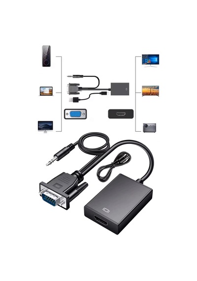 Vga To Hdmı Çevirici Adaptör Aux Bağlantılı Portatif Tasarım 2in1 Tv Pc Dönüştürücü Cihazı