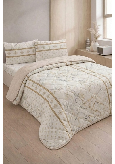 Formeya Kapitoneli Tek Kişilik Desenli Pike - Yatak Örtüsü Takımı 160x230 Cm - 1 Adet Yastık Kılıflı Bej Diğer