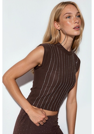 Hiccup Bdart Bisiklet Yaka Slim Fit Taşlı Bluz Mocha Kahvesi