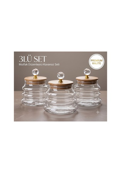 Reoona 3'lü Dalgalı Cam Kavanoz Seti Vakumlu Bambu Kapaklı Lüks Kristal Top Başlıklı 400 Ml Dr-91 Şeffaf