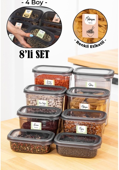 Vienev Peggy Renkli Etiketli Dikdörtgen Saklama Kabı Seti 4x 1500 ML 1150 ML Antrasit 8'li Çok Renkli