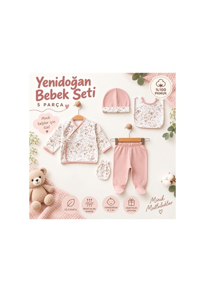 Genel Markalar Yenidoğan Bebek 5'li Set Kız Bebek Pembe Çiçek Desenli Pembe Pembe