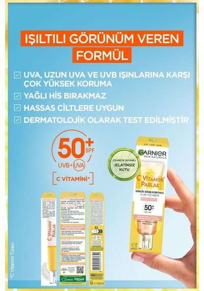 Garnier Vitamin C Daily Uv Glow Günlük Koruyucu Yüz Güneş Kremi SPF50+ 40 ML