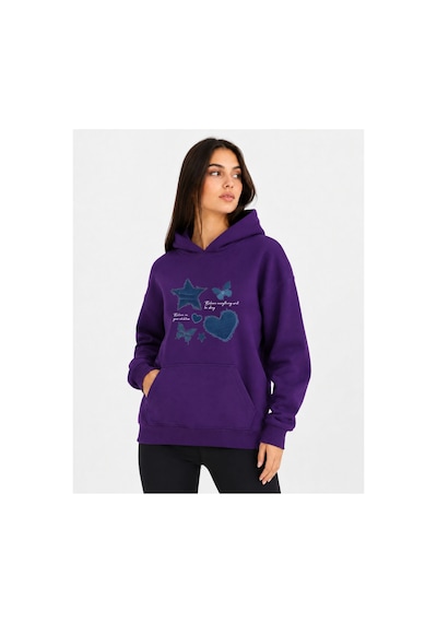 Herkesemoda Kot Efektli Baskılı Kapüşonlu 2 İplik Şardonlu Sweatshirt Mor