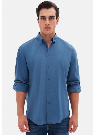 D'S Damat Ds Damat Comfort İndigo Düğmeli Yaka Rahat Kesim Keten Görünümlü %100 Pamuk Gömlek 2hc02ort64265 İndigo
